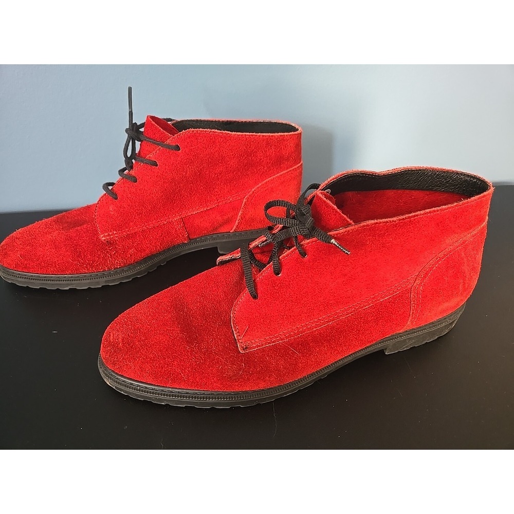 Vintage USA Made Eddie Bauer Ankle Booties Boots Red Suede Lace Up Womens Size 9